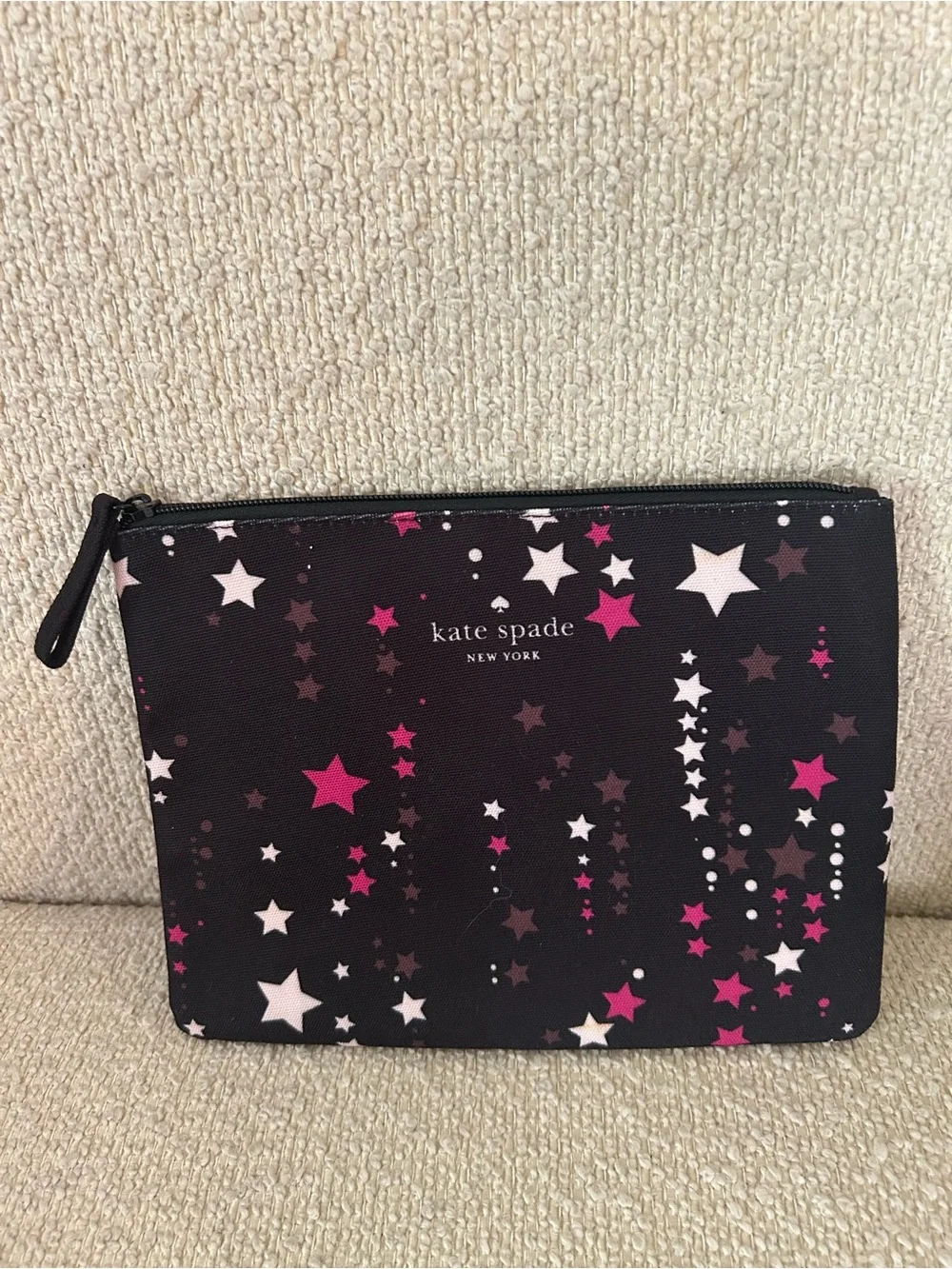 kate spade Black Star-Print Zip Pouch with Pink & White Accents